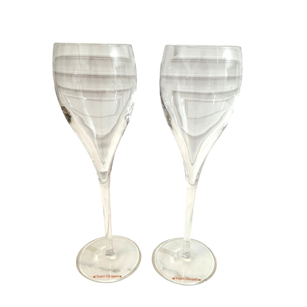 PAIR (2) Veuve Clicquot Tulip Shape Deep Stem Champagne Flutes Orange Logo